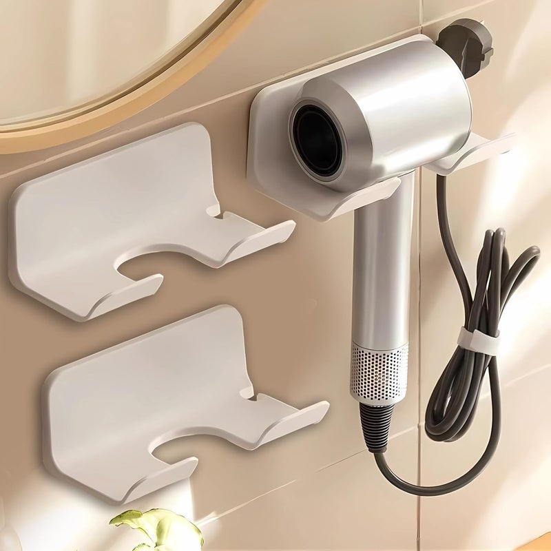 SUPTEC Universal Hair Dryer Holder, Blow Dryer Hanger Wall Mount for Hair Dryer Hook with Plug&Cord Organizer Self Adhesive for Cabinet Bathroom(2 Pack White) - Image 1